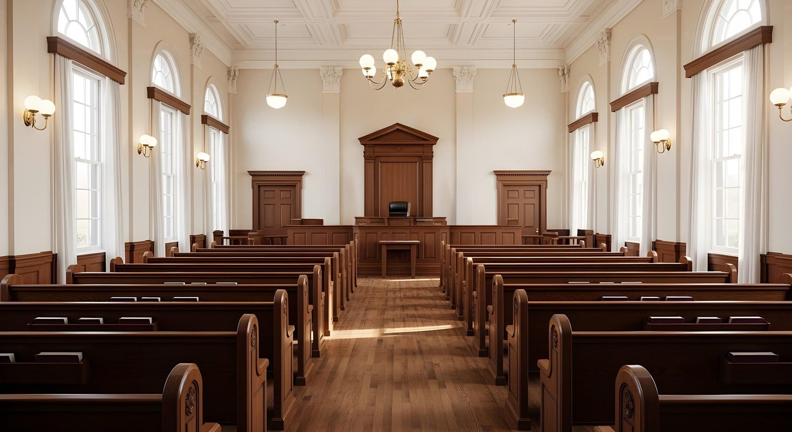 courtroom interior with rows seats large windows